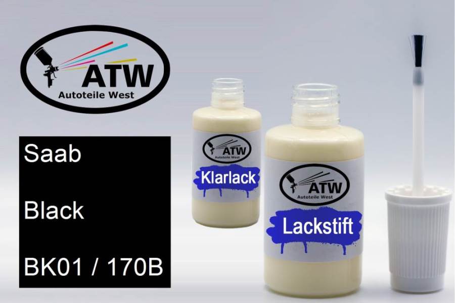 Saab, Black, BK01 / 170B: 20ml Lackstift + 20ml Klarlack - Set, von ATW Autoteile West.